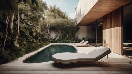 Fototapeta na wymiar A sleek outdoor space with minimalist poolside loungers and sculptural landscaping. AI generated