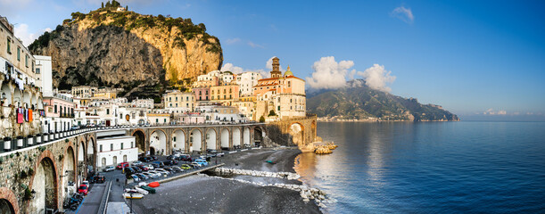 Atrani, Italy. View of the small seaside village of Atrani and its beach, on the Amalfi Coast. In...