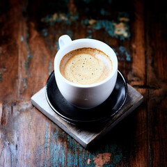 Cup of coffee on wooden background. Close up.