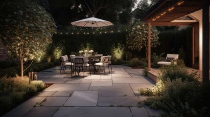 Fototapeta premium A sophisticated outdoor space with a minimalist flagstone patio and elegant lighting. AI generated