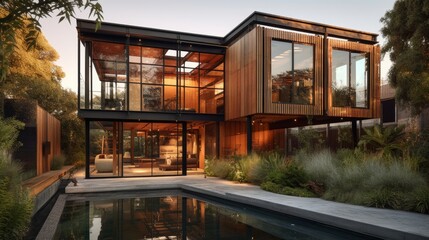 A striking combination of wood, glass, and steel. Modern architecture. AI generated