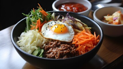 Traditional Korean dish- bibimbap: rice with vegetables and beef. Generative AI