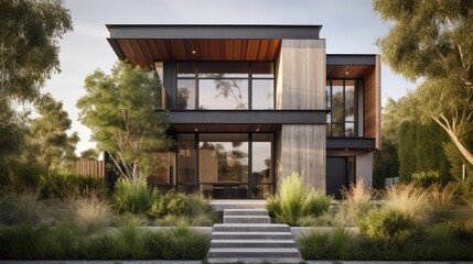 A strikingly modern exterior with pops of greenery. Modern architecture. AI generated
