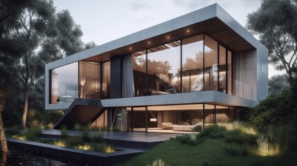 Fototapeta premium A strikingly modern home featuring sharp geometric shapes. Modern house architecture. AI generated