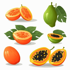 Set of papaya fruit icons with a glossy finish and reflections