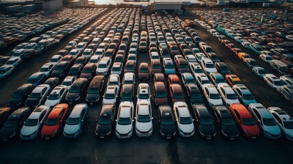 An aerial view of the vehicles that are lined up at the port to be transported. Generative AI.