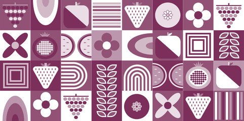 Scandinavian Fruit pattern. Abstract bauhaus food shapes and floral elements in purple white background. 