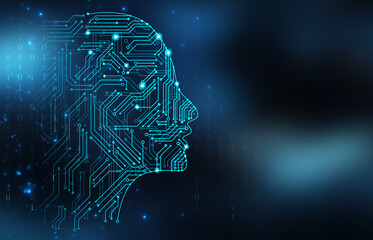 Big data and artificial intelligence concept. Machine learning and cyber mind domination concept in form of women face outline outline with circuit board and binary data flow on blue background