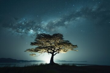 Tree in the night sky under stars. Minimalist photography. Generative AI. Generative AI.
