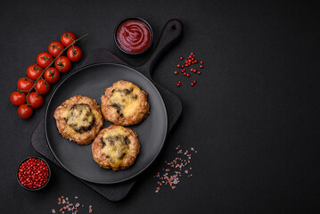 Delicious baked meat boats with mushrooms, cheese, salt and spices