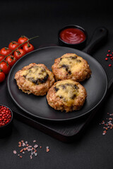 Delicious baked meat boats with mushrooms, cheese, salt and spices