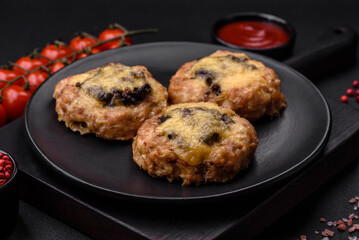 Delicious baked meat boats with mushrooms, cheese, salt and spices