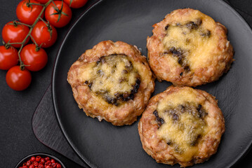 Delicious baked meat boats with mushrooms, cheese, salt and spices