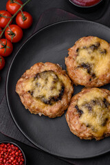 Delicious baked meat boats with mushrooms, cheese, salt and spices