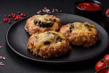 Delicious baked meat boats with mushrooms, cheese, salt and spices