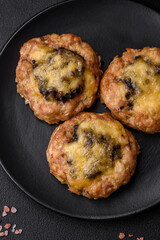 Delicious baked meat boats with mushrooms, cheese, salt and spices