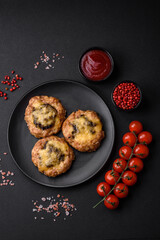 Delicious baked meat boats with mushrooms, cheese, salt and spices