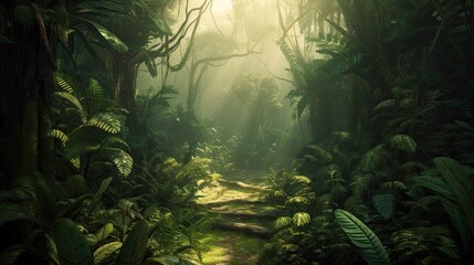 Fototapeta na wymiar Tropical Greenery: A Digital Art of Rainforest Jungle with Lush Vegetation in the Forest Background, Generative AI