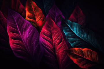 Vibrant Floral Explosion: Multicolored Leaves on a Dark Abstract Background. Generative AI