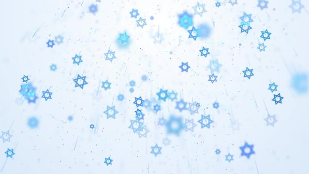 Blue rotating stars of david and small blurred particles on a white animated background. Jewish symbols. Looped motion graphics.