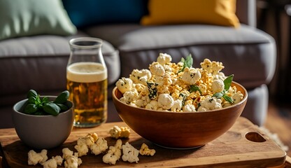 Freshly popped popcorn with gourmet toppings, yellow in color and crispy in texture, topped with garlic butter and herbs, presented in a glass bowl in a cozy living room with a rustic wooden table 
