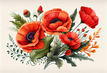 Hand-drawn poppy bouquet on white background. Digitally generated AI image - obrazy, fototapety, plakaty