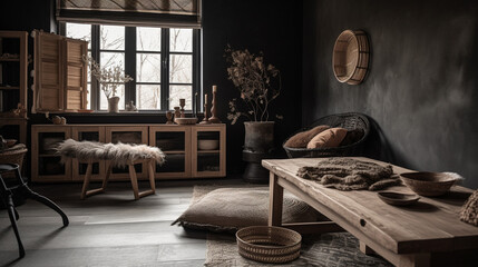 Japandi Inspired Interior Living Room Interior Design against Matte Black Wall with Beautiful Natural Boho Accessories - Generative AI