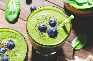Green Smoothie, Refreshing Spinach Drink, Healthy Food, Detox, Vegan or Vegetarian Diet Food Concept
