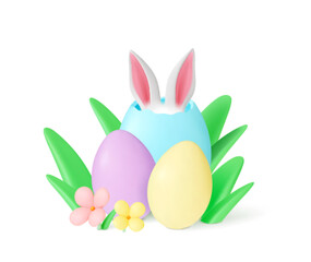 Easter 3d composition with eggs, flowers and grass. Spring festival, bunny ears in color egg. Floral seasonal isolated realistic vector scene
