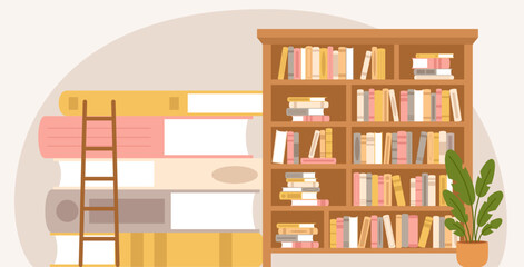 Library or bookstore concept. Wooden bookshelf and giant books pile. Knowledge, study and education vector scene. Book day background