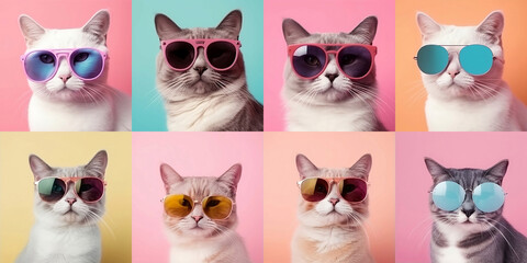 Fototapeta Generative AI. Set of photos generated by artificial intelligence. Fashionable stylish white and gray cat in glasses with round frame on multicolored pink, blue, yellow background. Pet care concept obraz