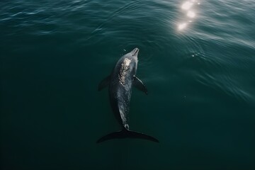 An aerial view of a solitary Bottlenose dolphin swimming in the blue sea.