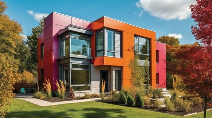 An energy-efficient exterior with a bold pop of color. AI generated