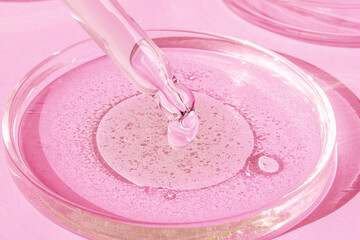 Dropping gel from a pipette into a Petri dish on a pink background. Cosmetics Lab. Serum, gel, retinol, oil.