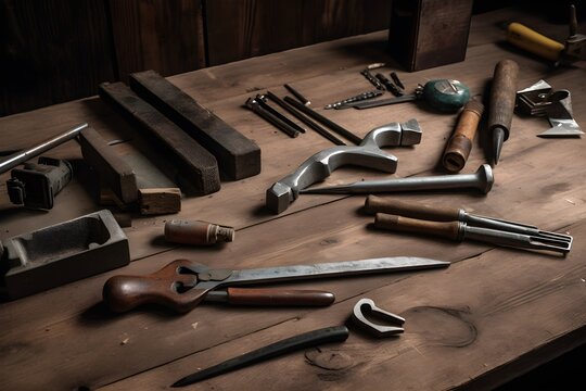 A set of essential tools for do-it-yourself projects including a hammer, nails, screws, and screwdriver.
