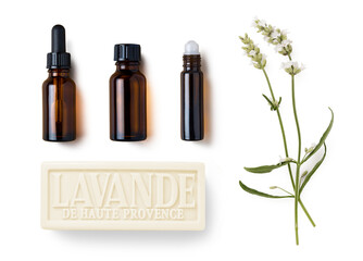 rare white lavender flowers, soap and small bottles for essential oils isolated over a transparent...