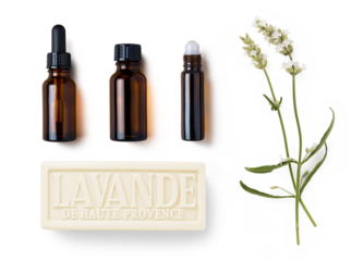 rare white lavender flowers, soap and small bottles for essential oils isolated over a transparent background, natural beauty, wellbeing and cosmetics design elements, top view / flat lay
