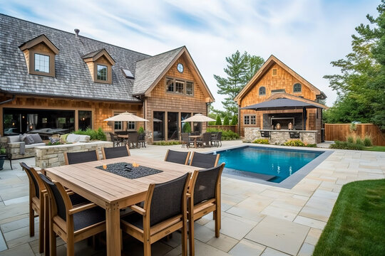 Farmhouse style back yard with swimming pool and outdoor kitchen, outdoor furniture, pool lounger, deep seating, dining table and chairs. Generative AI