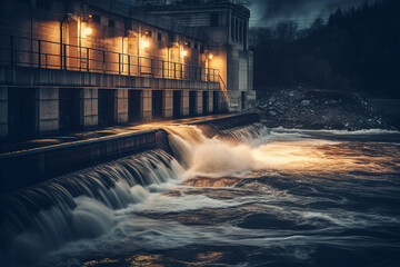 Hydroelectric power station dam in the evening. Generative AI