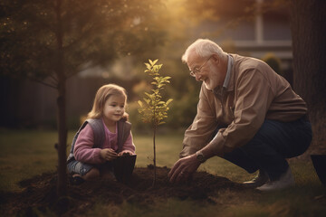 A grandfather planting a tree sapling with his granddaughter in a garden at dusk. Generative AI