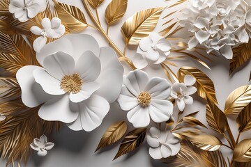 Fototapeta na wymiar Luxurious 3D Render Abstract White and Golden Paper Flower Background with Copy Space, AI Generated