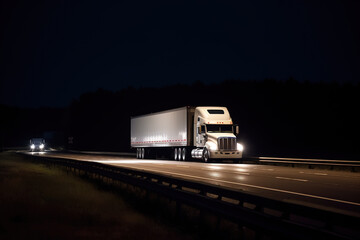 A large american semi-trailer moves along the highway at night with its headlights on. Generative AI