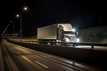 A large american semi-trailer moves along the highway at night with its headlights on. Generative AI