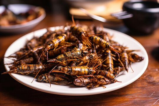 A plate of fried grasshoppers/locusts on a table. Theme of alternative foods with lots of proteins. Generative AI