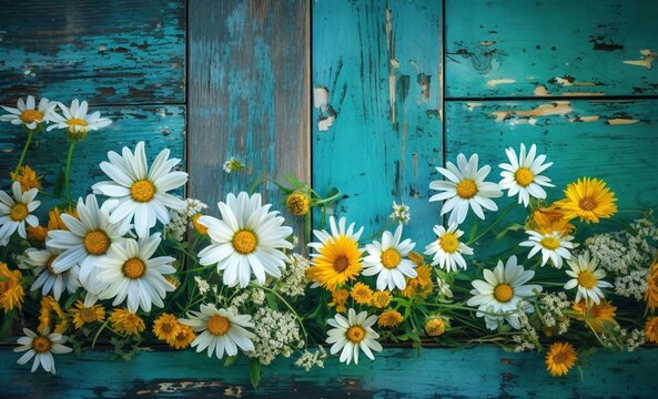 A background of flowers and daisies on a blue wooden surface, in the style of spectacular backdrops.