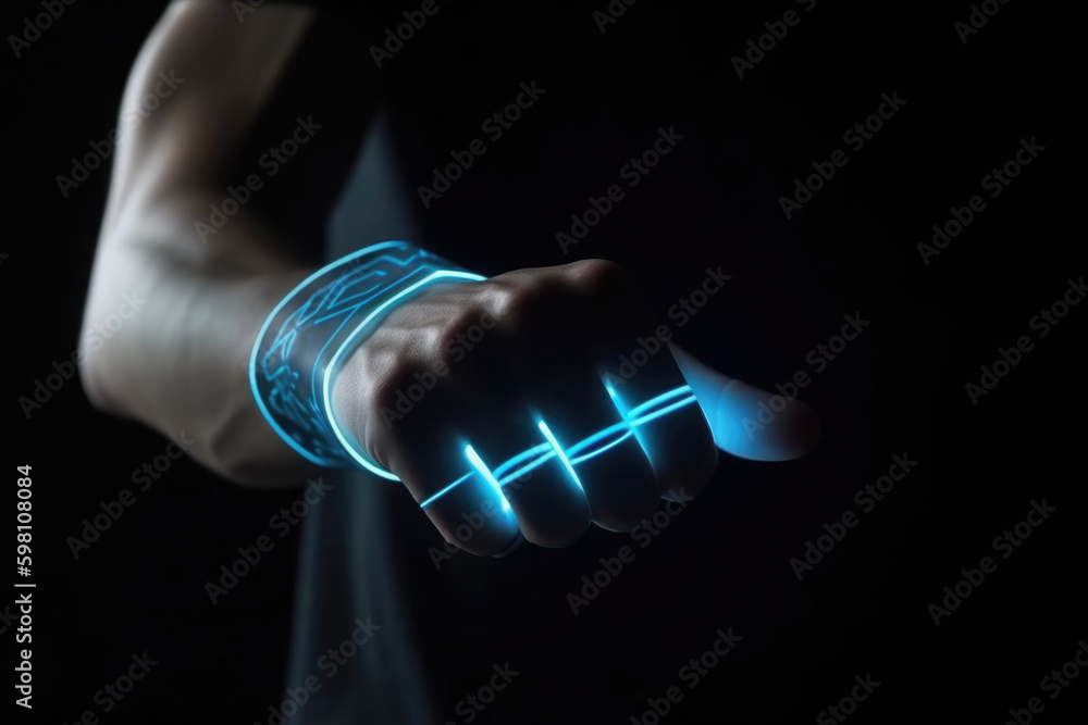 Poster futuristic smart device with glowing hologram display on human hand. virtual reality technology in r