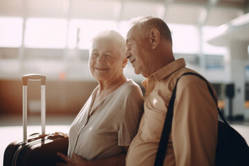 Elderly couple in airport terminal travelling together. Cheerful elderly man and woman waiting for an airplane flight. Happy old age. Created with Generative AI