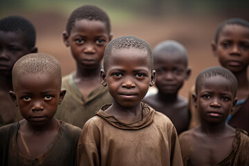 African children. Portrait of african boys looking at camera. Poverty in Africa concept. Created with Generative AI