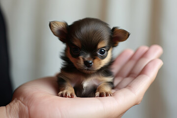 Very small dog sitting on owner hand. Cute pet. Domestic animal. Created with Generative AI
