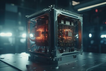 Quantum computer with electrical circuits in the laboratory, closeup